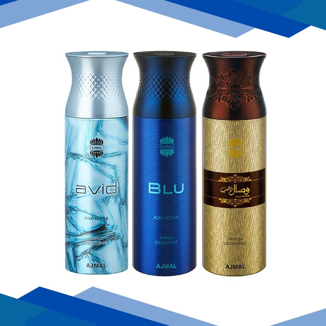 Ajmal Avid & Blu & Wisal Dahab Deodorant Spray – For Men (Pack Of 3) 200 ml