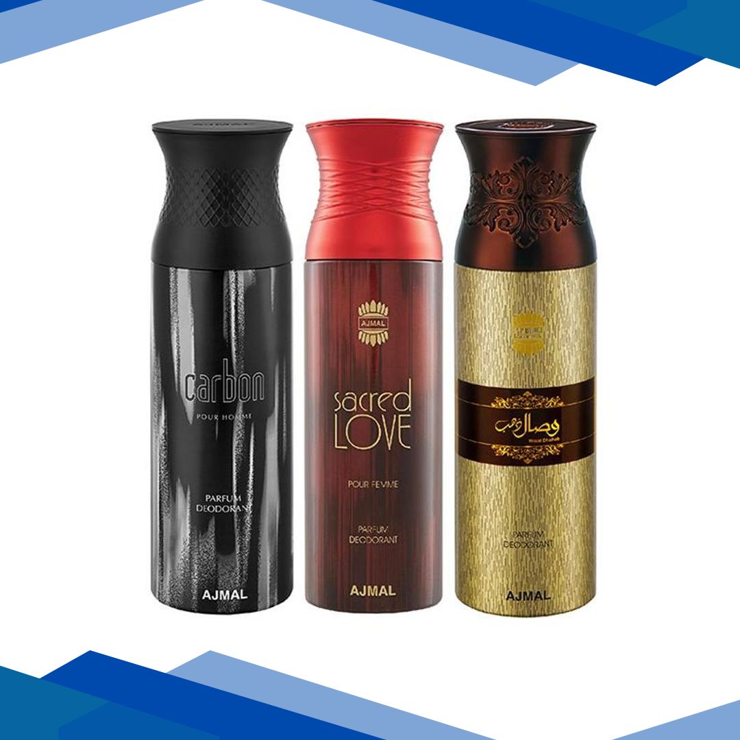 Ajmal Carbon & Sacred Love & Wisal Dahab Deodorant Spray – For Men & Women (Pack Of 3) 200 ml