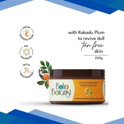 Boho Botanist Exfoliating Body Scrub – Mandarin& Kakadu Plum, Niacinamide, Vit C, Tan Removal 200 gm