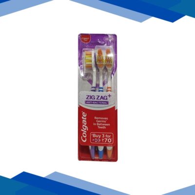 Colgate Zig Zag+ Anti-Bacterial Toothbrush – Medium (Pack of 3)
