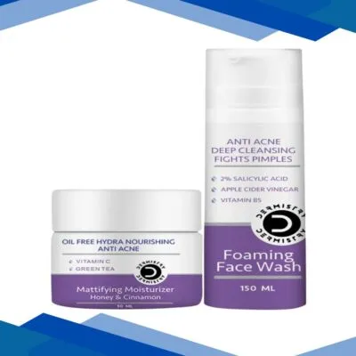 Dermistry Anti Acne 2% Salicylic Acid Foaming Face Wash 150 ml + Oil Free Hydra Nourshing Anti Acne Mattifying Moisturizer Honey and Cinnamon 50 ml