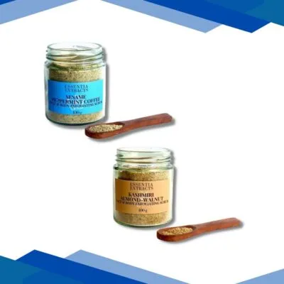Essentia Extracts Face & Body Exfoliating Scrub Combo (Sesame Peppermint Coffee 100 gm + Kashmiri Almond Walnut 100 gm) 1’s