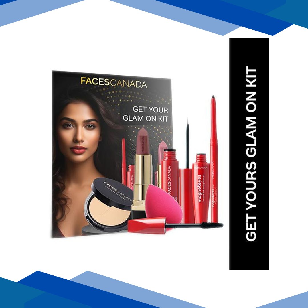 Faces Canada Get Your Glam On Kit – Kajal, Lipstick, Compact, Eyeliner, Mascara, Beauty Blender 1’s