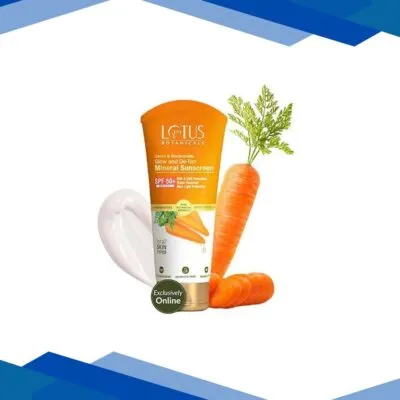 Lotus Botanicals Carrot & Niacinamide Glow and De-Tan Mineral Sunscreen, SPF 50+, PA++++ 50 gm