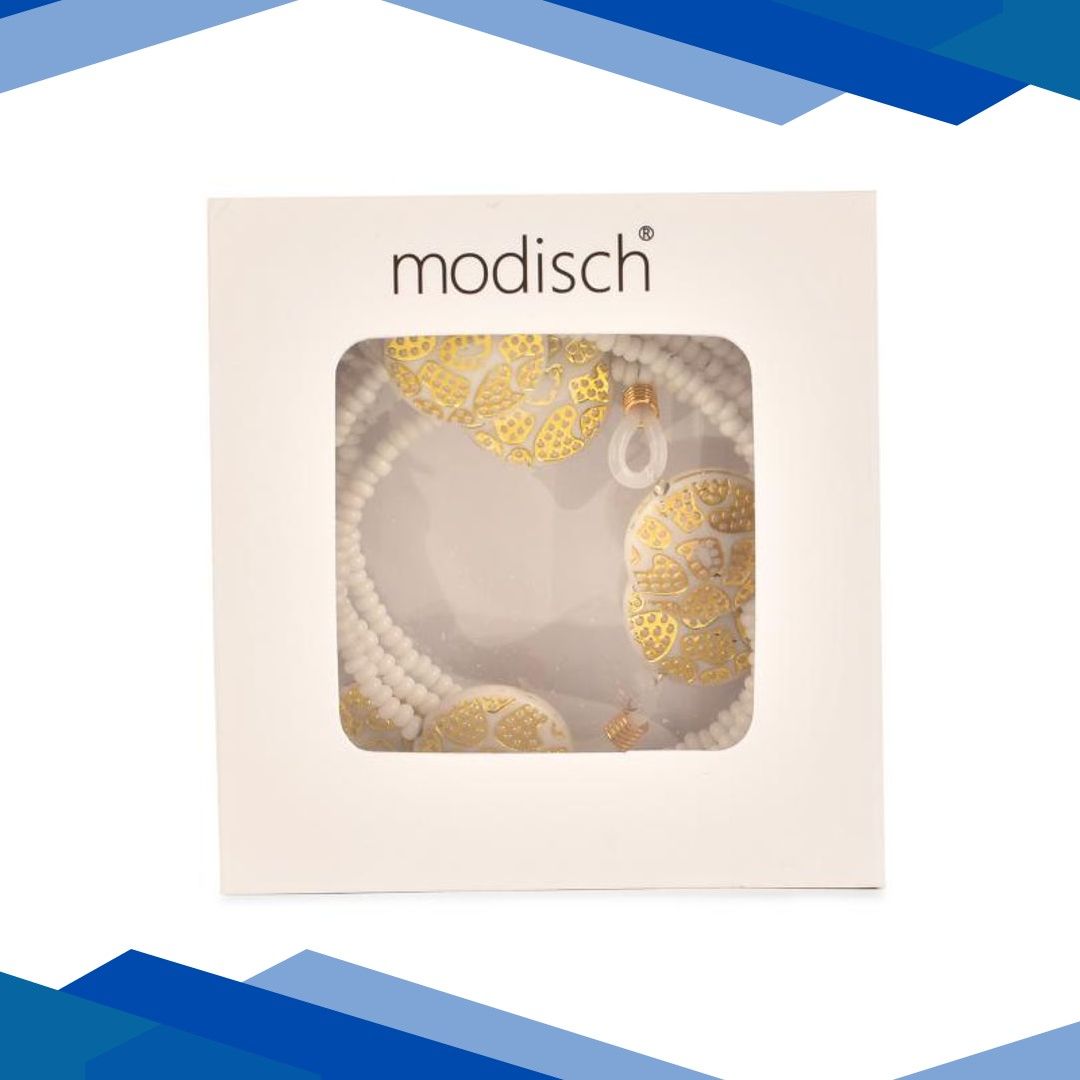 Modisch White Beads With White Circle Stones With Golden Print Sunglasses Chain (JC-1402-White) 1’s