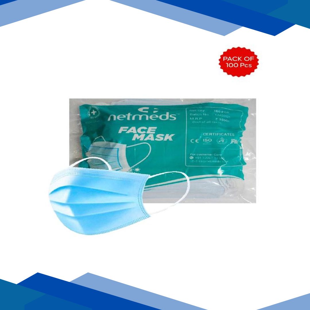 Netmeds 3 Ply Face Mask with Nose Pin 100’s