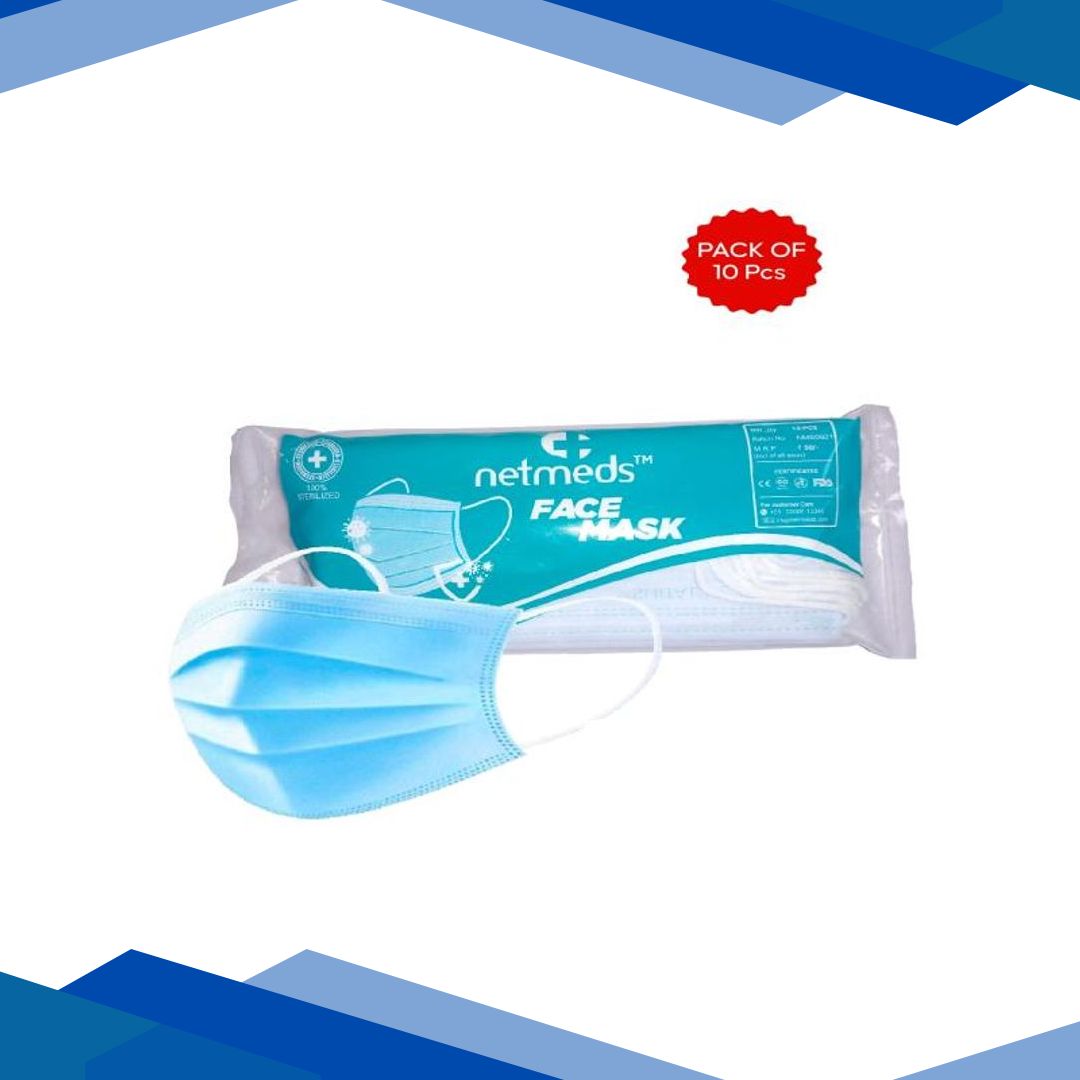 Netmeds 3 Ply Face Mask with Nose Pin 10’s