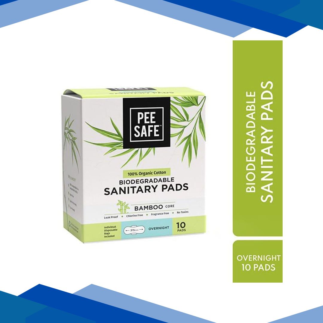 Pee Safe 100% Organic Cotton Biodegradable Sanitary Pads (Overnight) 10’s