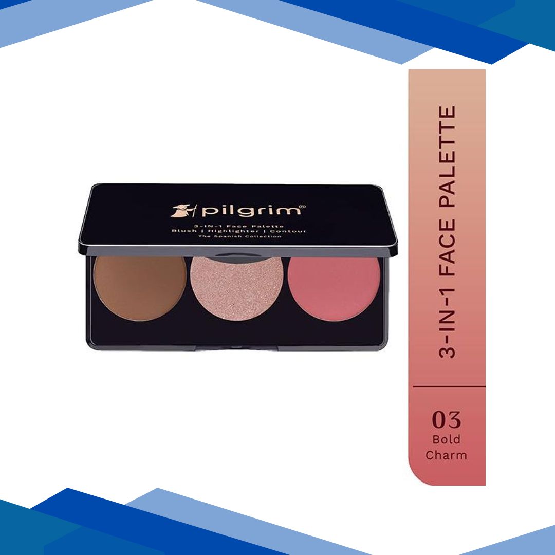 Pilgrim 3-In-1 Face Palette -Bold Charme -Blush, Highlighter & Contour for Deep Skin Tone 12 gm