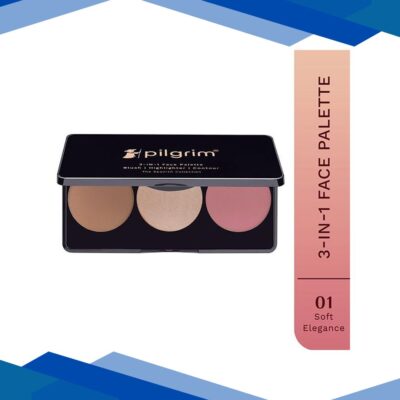 Pilgrim 3-In-1 Face Palette -Soft Elegance-Blush, Highlighter & Contour for Light Skin Tone 12 gm