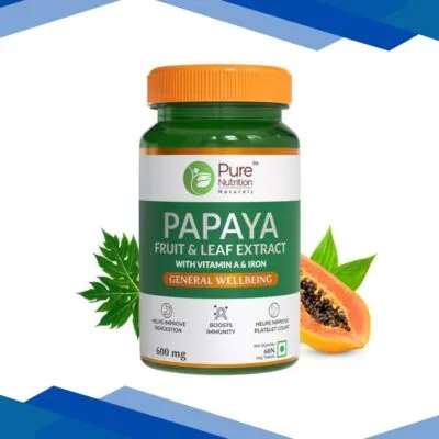 Pure Nutrition Papaya Fruit & Leaf Extract with Vitamin & Iron 600 mg Veg Tablet 60’s