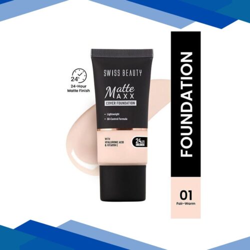 Swiss Beauty Matte Maxx Cover Foundation, 24- Hour Stay, with Hyaluronic Acid & Vitamin E, Oil-Control Formula 1 – Fair Warm 30 gm