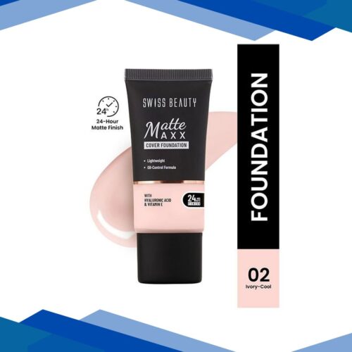 Swiss Beauty Matte Maxx Cover Foundation, 24- Hour Stay, with Hyaluronic Acid & Vitamin E, Oil-Control Formula 2- Ivory Cool 30 gm
