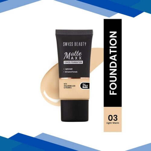 Swiss Beauty Matte Maxx Cover Foundation, 24- Hour Stay, with Hyaluronic Acid & Vitamin E, Oil-Control Formula 3 – Light Warm 30 gm