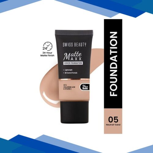 Swiss Beauty Matte Maxx Cover Foundation, 24- Hour Stay, with Hyaluronic Acid & Vitamin E, Oil-Control Formula 5- Neutral Sand 30 gm