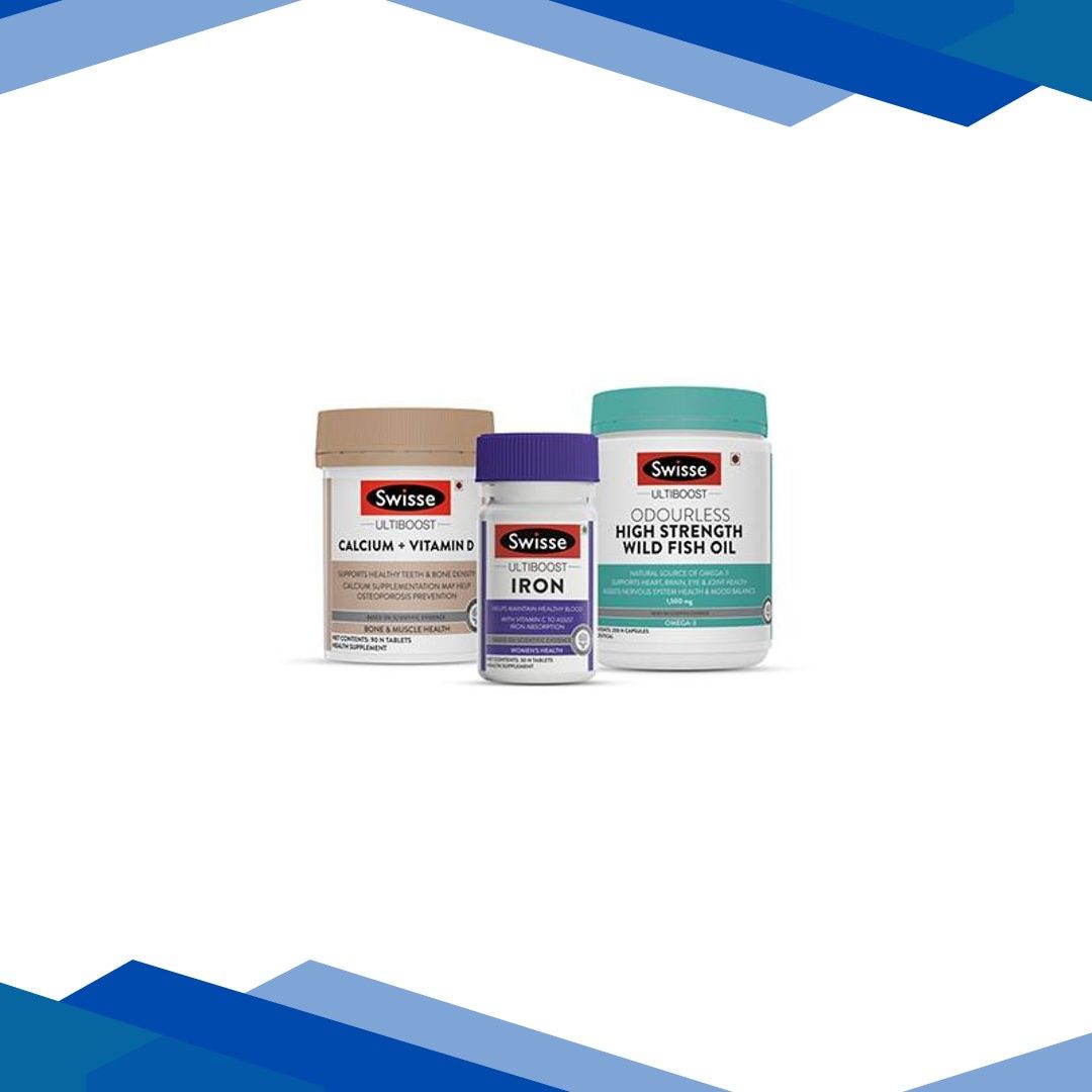Swisse Health Essential (Calcium+ Vitamin D Tablet 90’s, Iron Tablet 30’s, Wild Fish Oil Capsule 200’s) Combo Pack