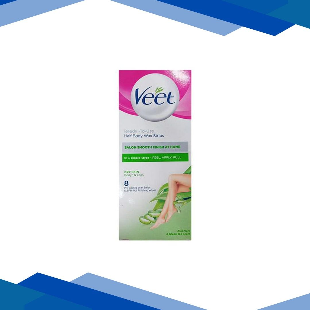 Veet Ready-To-Use Wax Strips – Dry Skin (Aloe Vera & Green Tea Scent) 8’s
