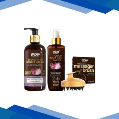 WOW Skin Science Onion Hair Oil With Black Seed Oil Extracts + Onion Oil Shampoo + Stimulating Scalp Shampoo Brush Hair Care Kit 500 ml