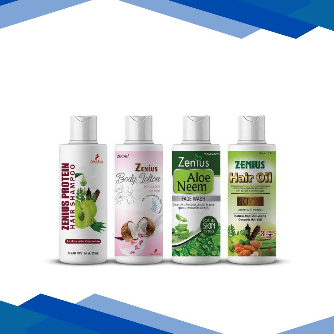 Zenius Protein Hair Shampoo 200 ml + Body Lotion for Extra Dry Skin 200 ml + Aloe Neem Face Wash 200 ml + Hair Oil 200 ml 1’s
