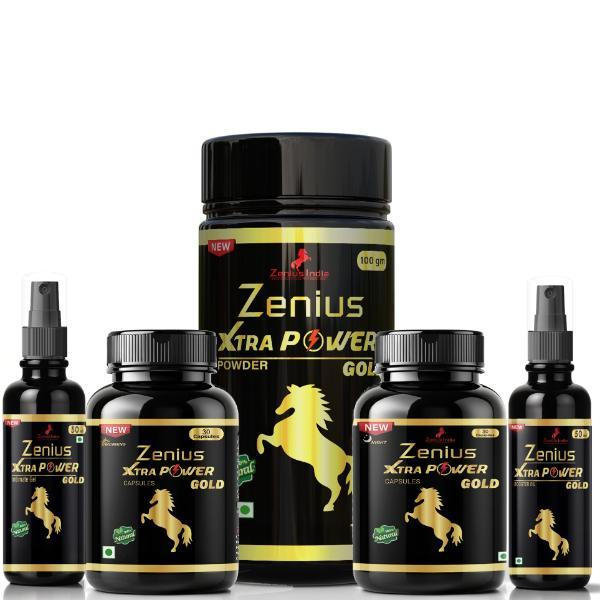 Zenius Xtra Power Gold Powder 100 gm + Xtra Power Gold Intimate Gel 50 ml + Xtra Power Gold Capsule (Night) 30’s + Xtra Power Gold Capsule (Morning) 30’s + Xtra Power Gold Booster Oil 50 ml 1’s